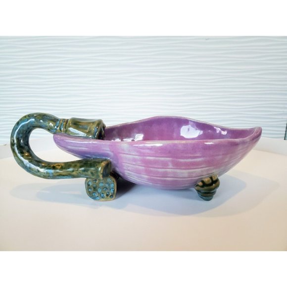 Artisan Art Pottery Ceramic Eggplant Bowl Dish Footed with Handle Signed 10" - Picture 4 of 7